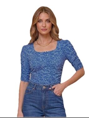 Alfani Blue & White Polka Dot Print Ruched Sleeve Top XS EUC